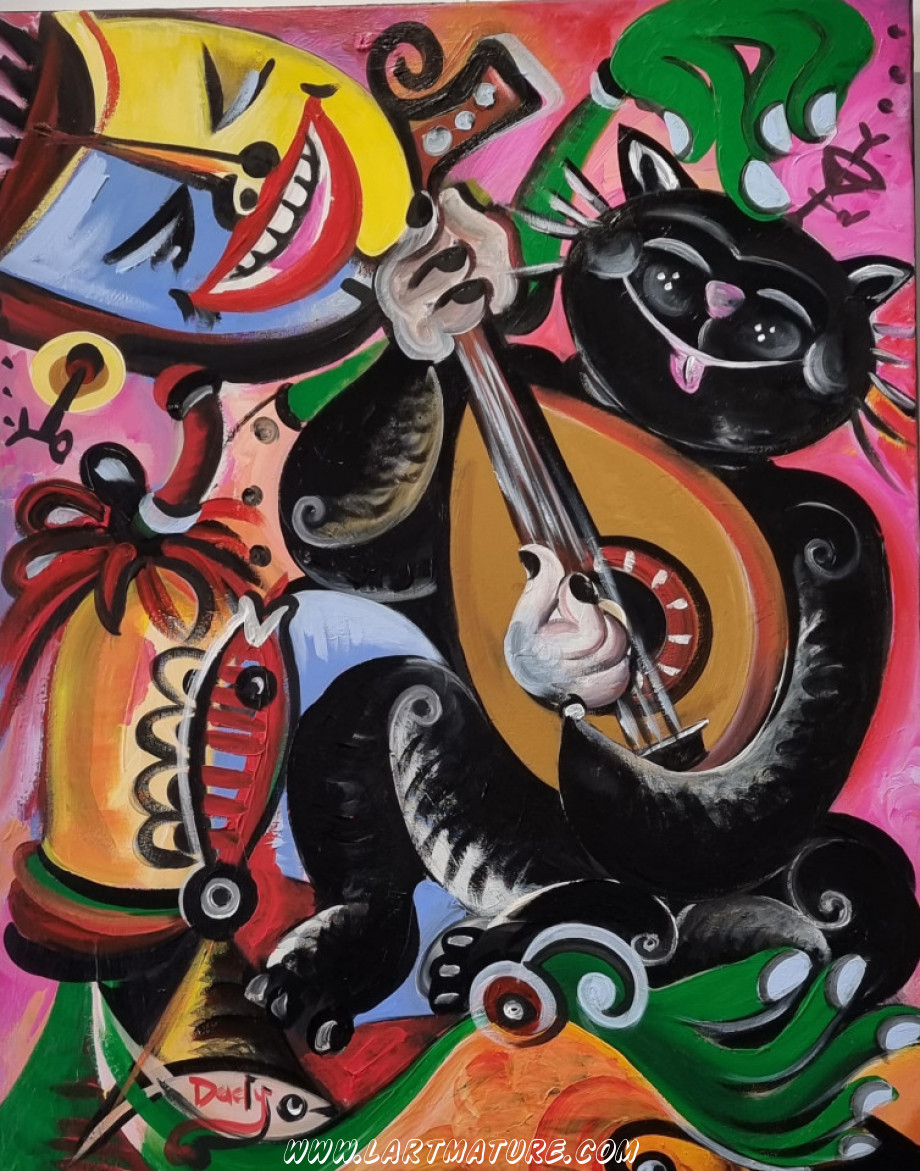 Le Chat musicien - Peinture de Dady Nkanga Yafu